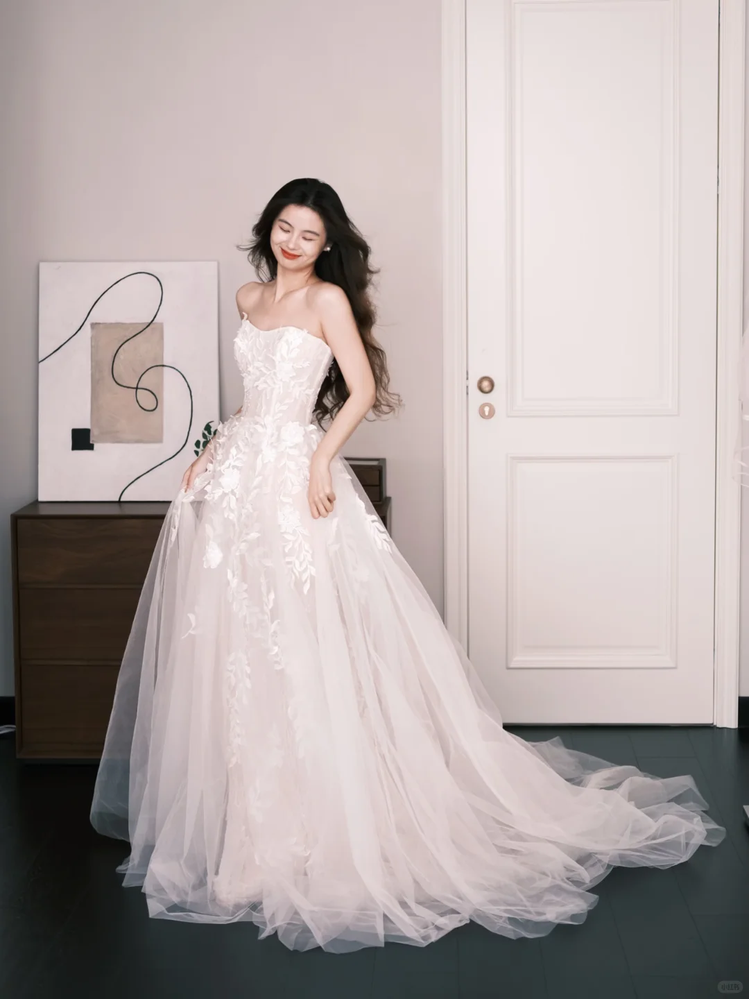 Tulle A Line Wedding Dress Strapless 3D Floral Applique High Slit Bridal Gown  NV7243