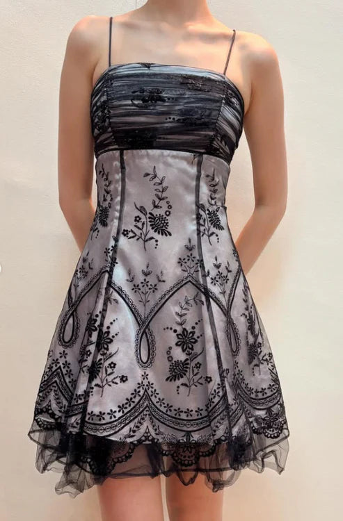 Robe de soirée courte en mousseline de soie à bretelles spaghetti, grise et noire, chic et florale, nv4346