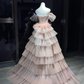 Blush Ombre Sequin Tulle Long Evening Gown Off The Shoulder Tiered Ruffle Ball Gown Prom Dress  NV7074