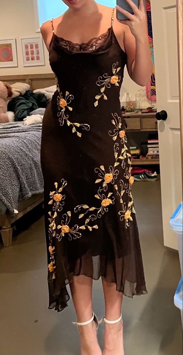 NiceVestidos--BBlack and yellow floral long chiffon fairy dress homecoming dress prom dress evening dress NV5722