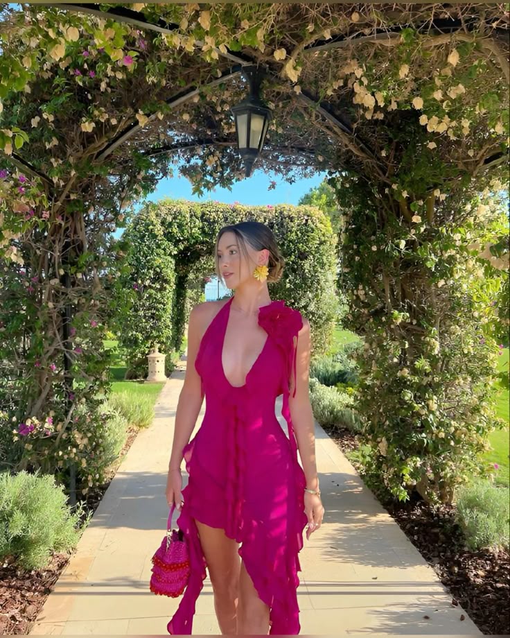 Rosa Mode Elegant Chiffon Kurze Rüschen Urlaub Party Kleid nv3877