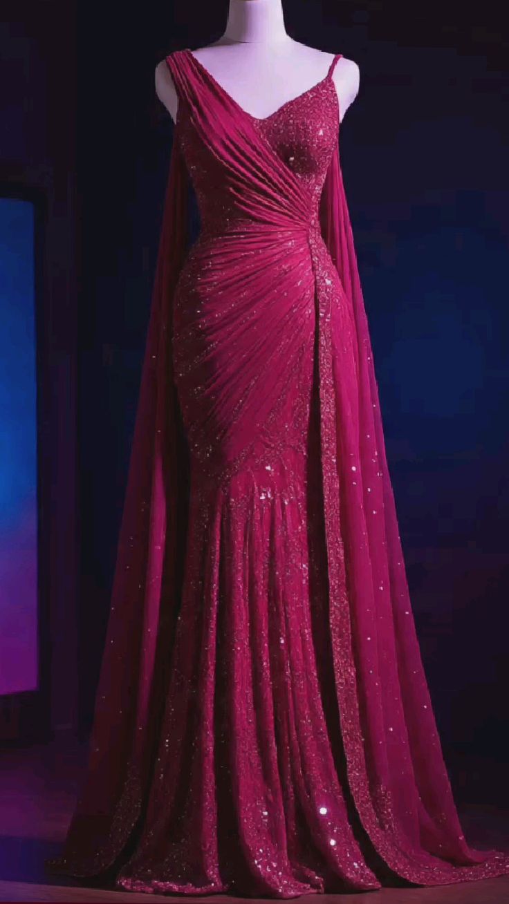 NiceVestidos-Fuchsia Sequin Chiffon One-Shoulder Sleeveless Floor-Length Mermaid Cape Gown NV6163