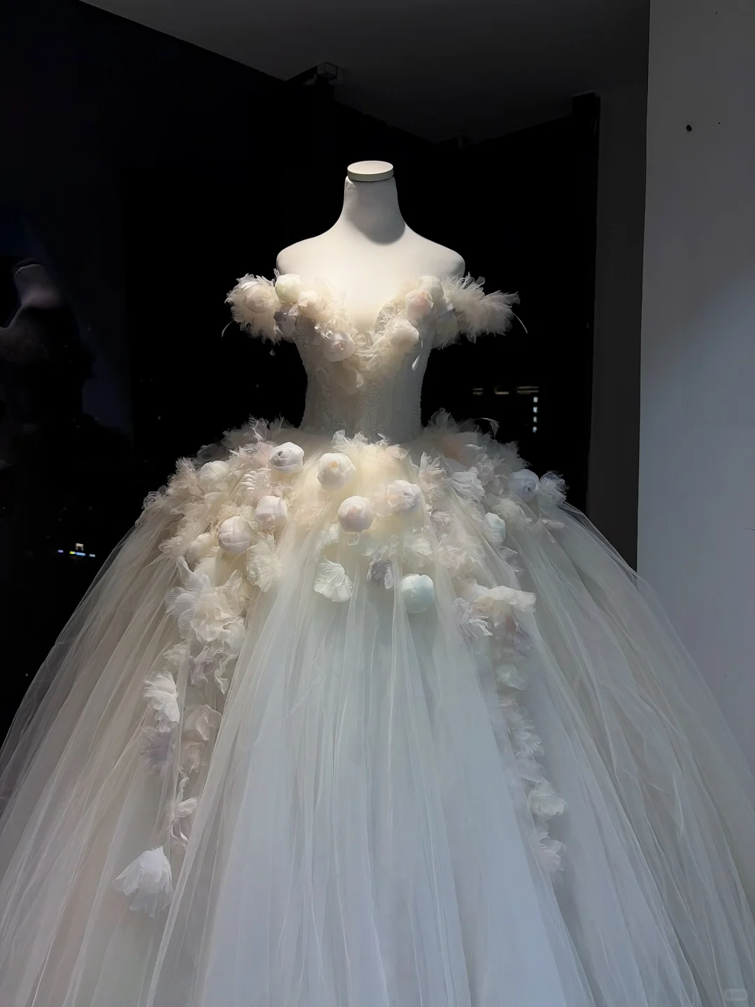 Ivory Off Shoulder Ball Gown 3D Floral Feather Beaded Tulle Wedding Dress  NV6965