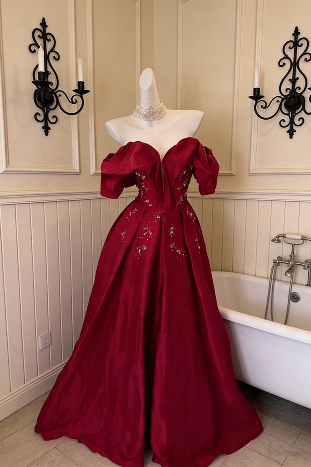 Retro Prom Burgundy Retro Prom Gown - Off-Shoulder Puff Sleeve Beaded Floral Train Party Maxi Dress NV6825