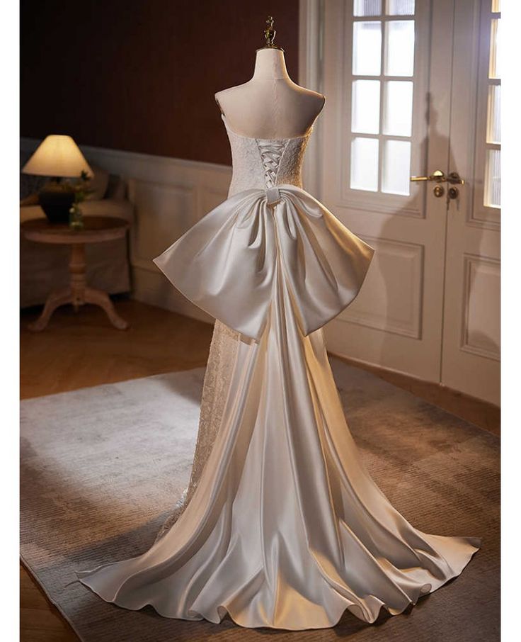 White Elegant Shiny Strapless Long Mermaid Slim Lace Ball Gown Evening Dress Trailing Wedding Dress nv3468