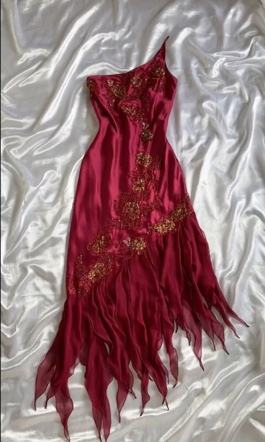 Red Vintage Floral Satin Short Homecoming Dress Prom Gown nv4470