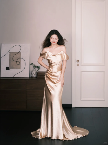 Off Shoulder Draped Satin Mermaid Evening Dress, Champagne Gold Formal Gown  NV7357