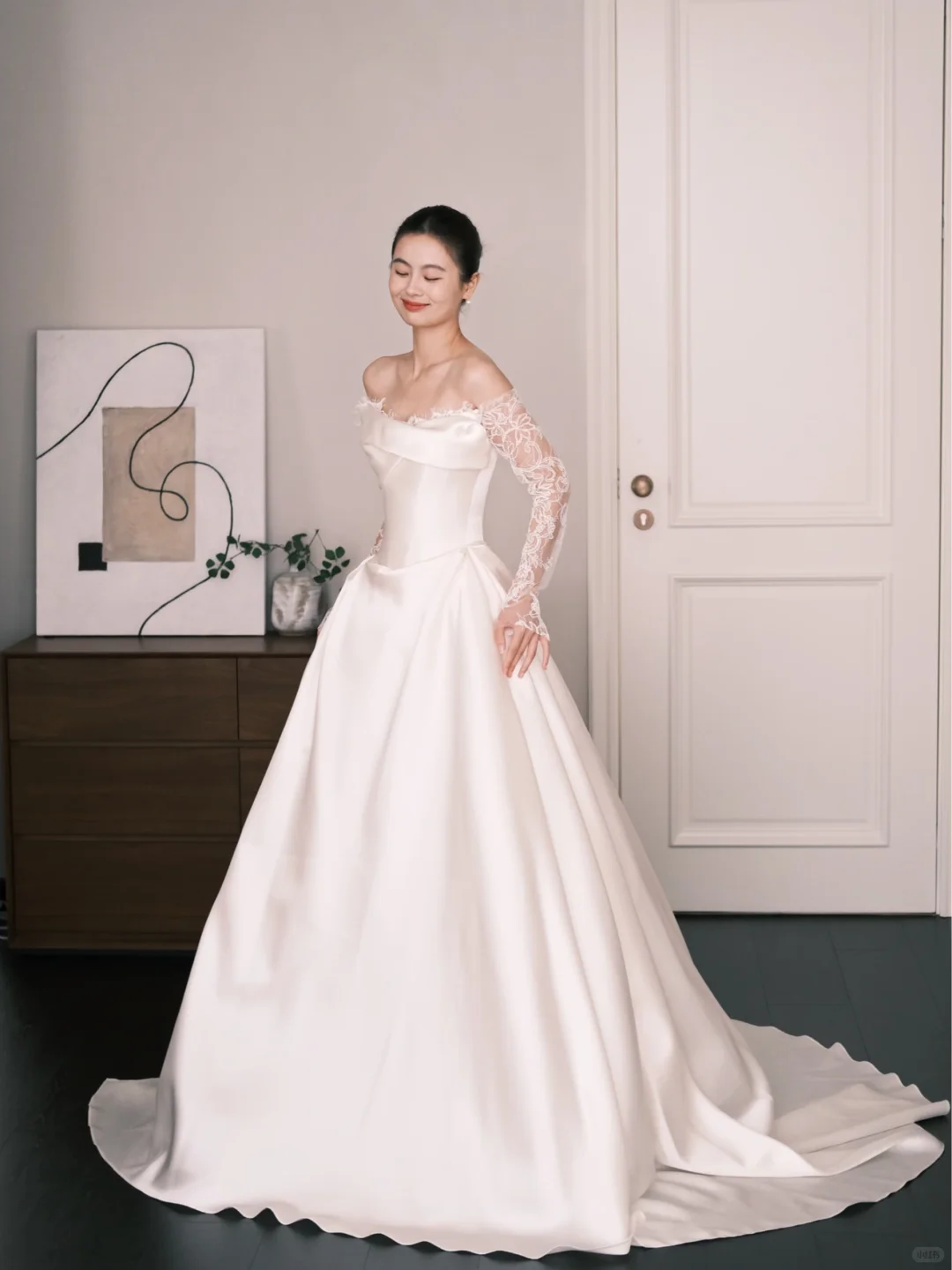 Off The Shoulder Satin Ballgown Wedding Dress Detachable Lace Sleeves Bridal Gown  NV7205