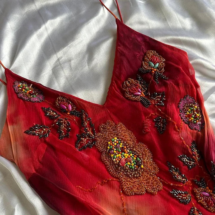 🌺✨Robe de soirée longue en mousseline de soie, élégante et rétro, avec perles exquises, rouge, nv5351