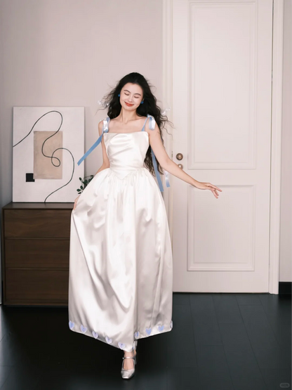 Square Neck Satin Midi Bridal Gown Bow Strap 3D Heart Wedding Dress  NV7200