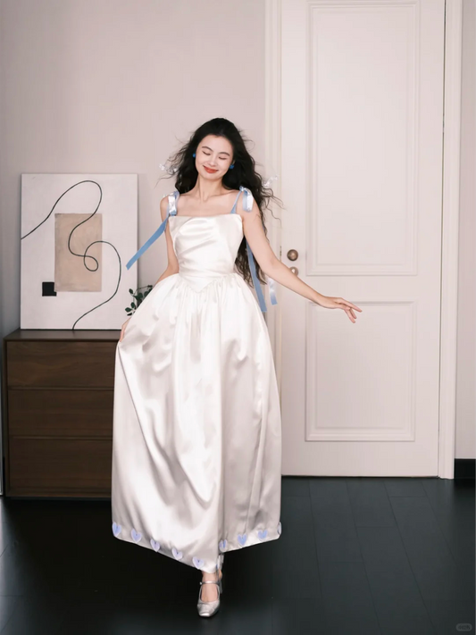 Square Neck Satin Midi Bridal Gown Bow Strap 3D Heart Wedding Dress  NV7200