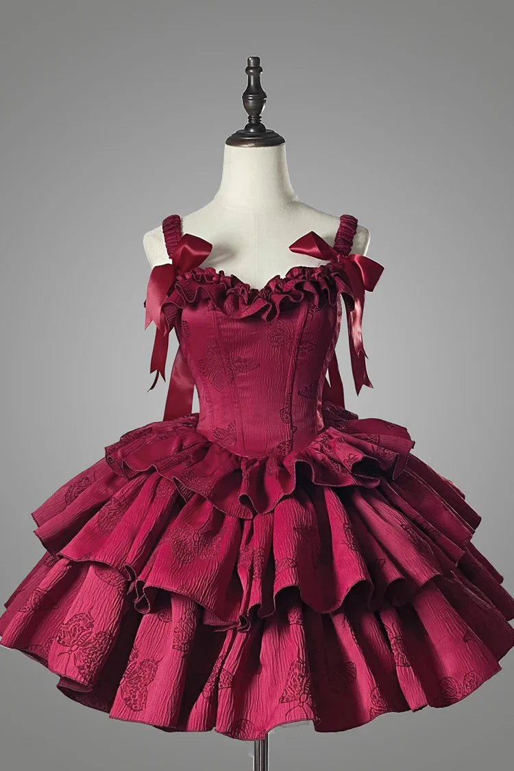 Burgundy Sleeveless Multi-Layered Ruffle Bowknot Herringbone Gothic Lolita Dress Homecoming Dress nv5327