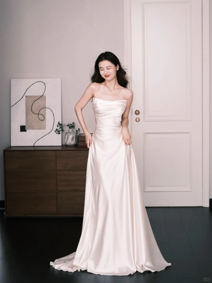 Minimalist Satin Wedding Dress Strapless Draped Mermaid Bridal Gown  NV7244
