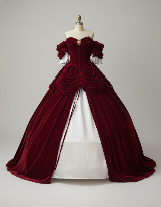 NiceVestidos-Burgundy Velvet-White Paneled Off-Shoulder Mid-Sleeve Floor-Length Vintage Court Gown NV6191