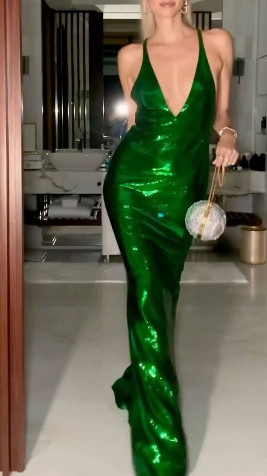 Grün Einfache Mode Elegante Lange Satin Ballkleid Abendkleid Partykleid nv4770