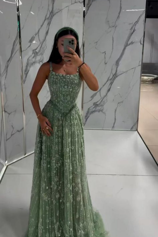 NiceVestidos - Robe de bal longue verte exquise à fleurs, perles, paillettes et paillettes scintillantes NV5840