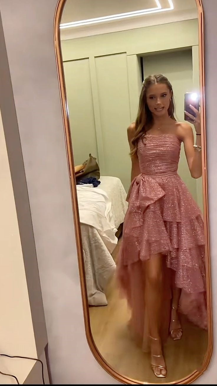 Rosa süßes herzförmiges Tube-Top mit schulterfreier Schleife, langes Abendkleid, Ballkleid, Abendkleid, Partykleid, NV2502