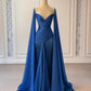 Blue Fashion Ruffle Elegant Long Satin Floor Length Rhinestone Strap Prom Dress Evening Dress Party Dress nv5119
