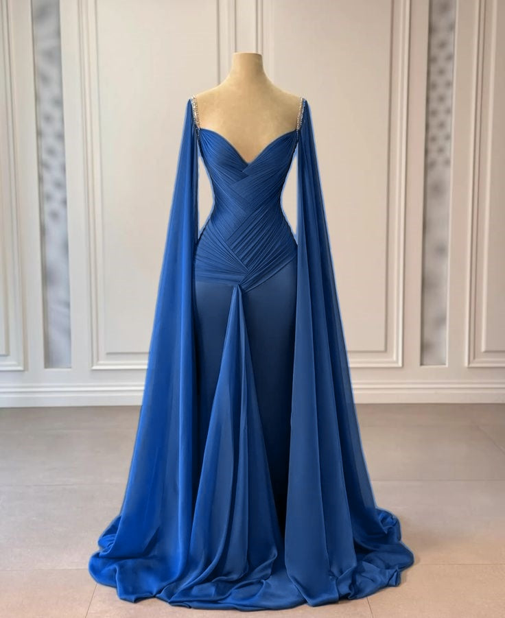 Blue Fashion Ruffle Elegant Long Satin Floor Length Rhinestone Strap Prom Dress Evening Dress Party Dress nv5119