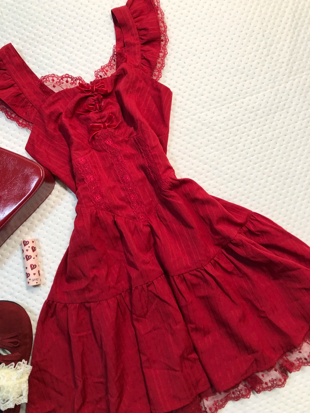 Burgundy Short Homecoming Dress Square Neck Ruffle Strap Lace Bow Tiered Vintage Cocktail Gown  NV6925