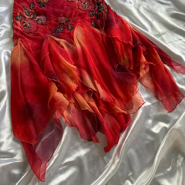 🌺✨Robe de soirée longue en mousseline de soie, élégante et rétro, avec perles exquises, rouge, nv5351