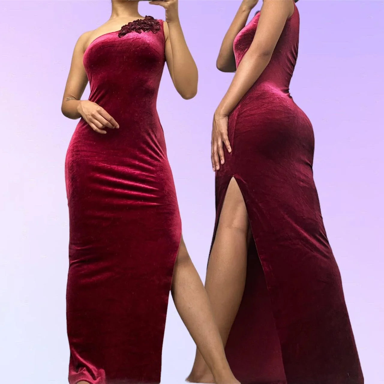 NiceVestidos--Burgundy Retro One-Shoulder Exquisite Floral Long Velvet Prom Dress Nv5580