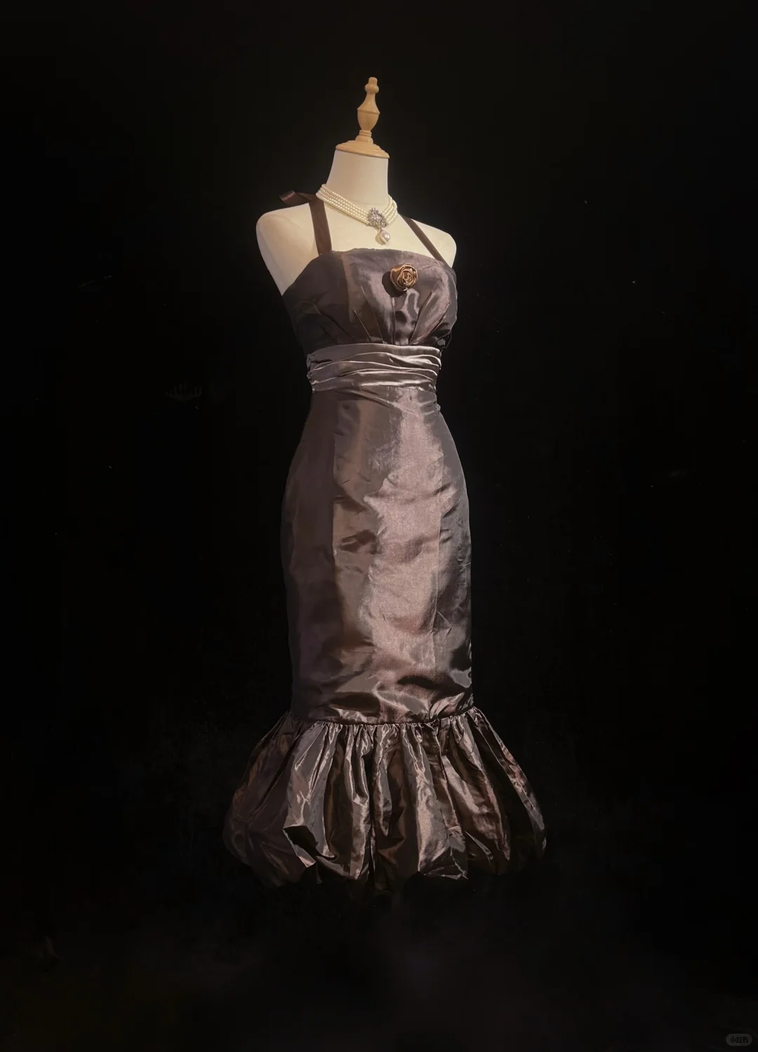 Halter Bronze Vintage Midi Prom Dress Shiny Taffeta 3D Fabric Rose Ruffled Mermaid Hem Formal Gown  NV6897