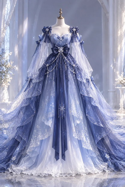 Ombre Blue Princess Prom Ball Gown, Strapless Detachable Sheer Sleeve, Snowflake Tulle Dress with Bow and Pearl Tassel  NV7448