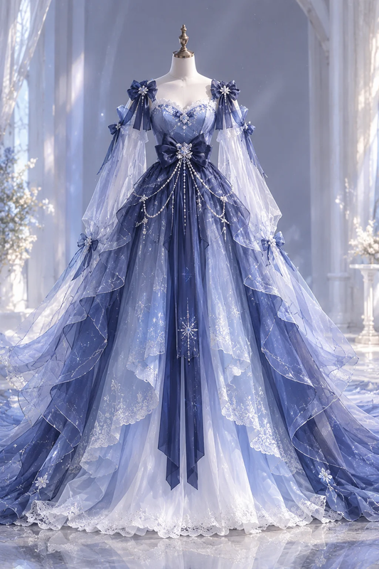 Ombre Blue Princess Prom Ball Gown, Strapless Detachable Sheer Sleeve, Snowflake Tulle Dress with Bow and Pearl Tassel  NV7448