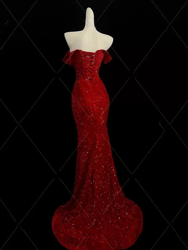 Elegantes Meerjungfrau-Abendkleid mit Herzausschnitt und Schlitz in Rot mit Pailletten, lang, Ballkleid nv4151