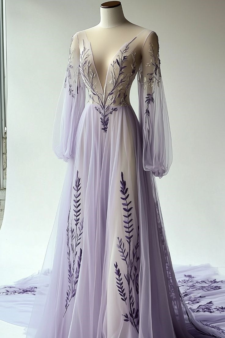 Purple Floral Long Elegant Fairy Long Sleeve Ball Gown nv4838