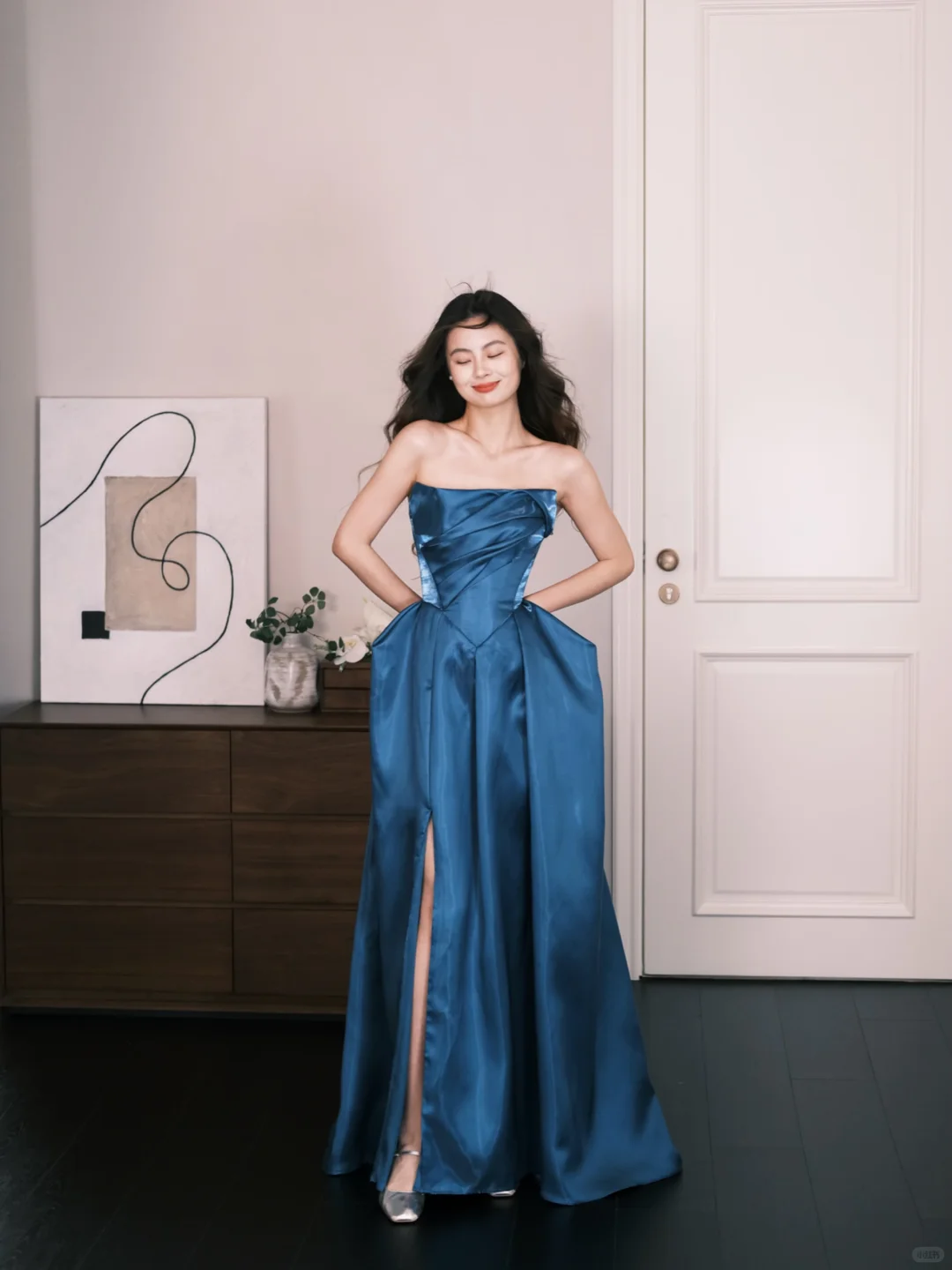 Peacock Blue Strapless Satin High Slit Formal Prom Dress  NV7310