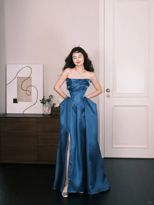 Peacock Blue Strapless Satin High Slit Formal Prom Dress  NV7310