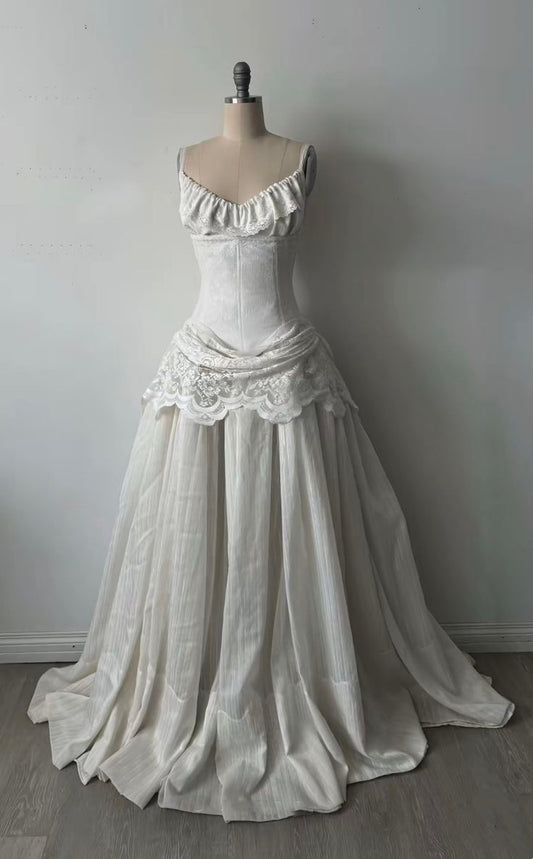 White Strapless Ruched Lace Panel High-Waist Gown NV6253