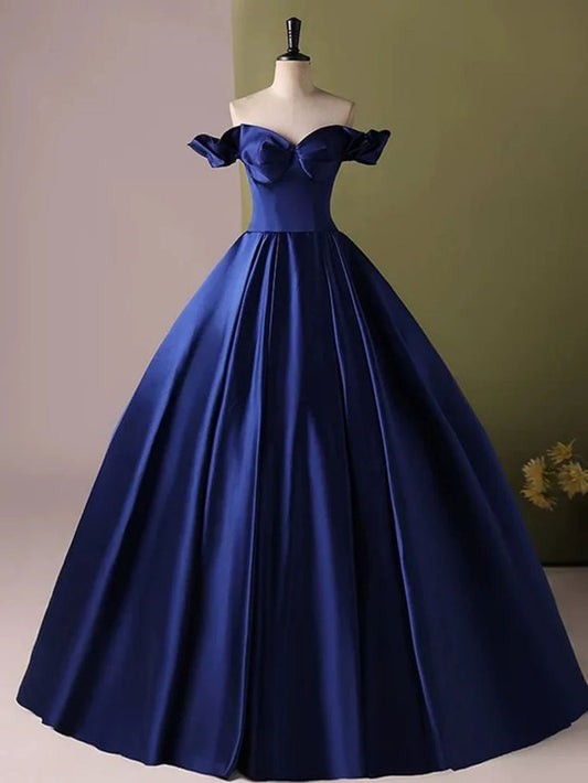 Blaues trägerloses, elegantes, schlichtes A-Linien-Abendkleid aus Satin, lang, Ballkleid, NV3248