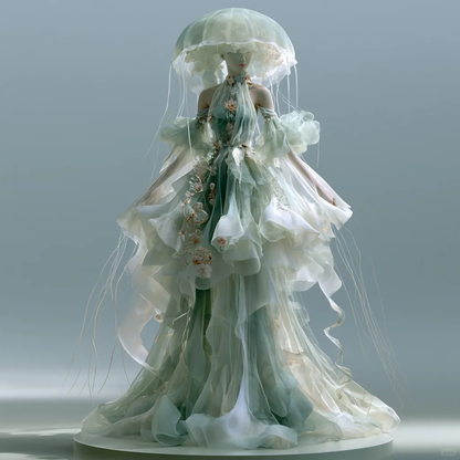 Mint Green Ombre Jellyfish Themed Organza Gown with Halter Neck and Detachable Sleeves  NV7490