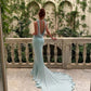 Hellblaues, schlichtes und elegantes, fließendes Kleid mit V-Ausschnitt, tiefem Ausschnitt und vielen Bändern, um Eindruck zu machen, Ballkleid, Abendkleid, Hochzeitskleid für Gäste, Partykleid nv2576