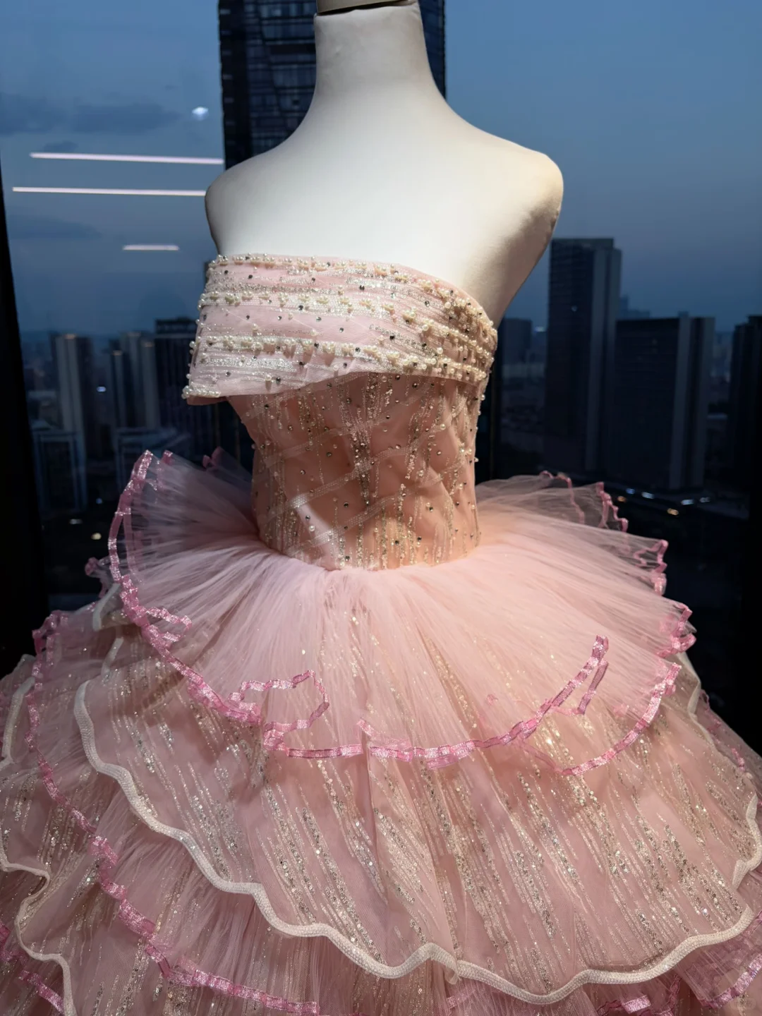 Strapless Blush Pink Prom Dress Glitter Beading Tiered Ruffle Tulle Cake Ball Gown  NV7047