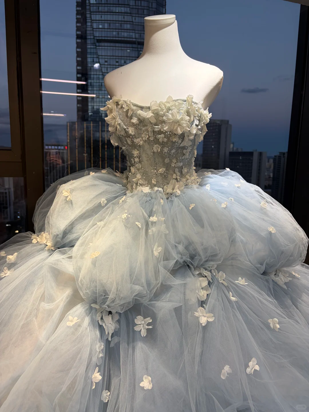 Strapless Dusty Blue Fairy Ball Gown 3D Floral Beaded Cloud Tulle Long Prom Dress  NV7024