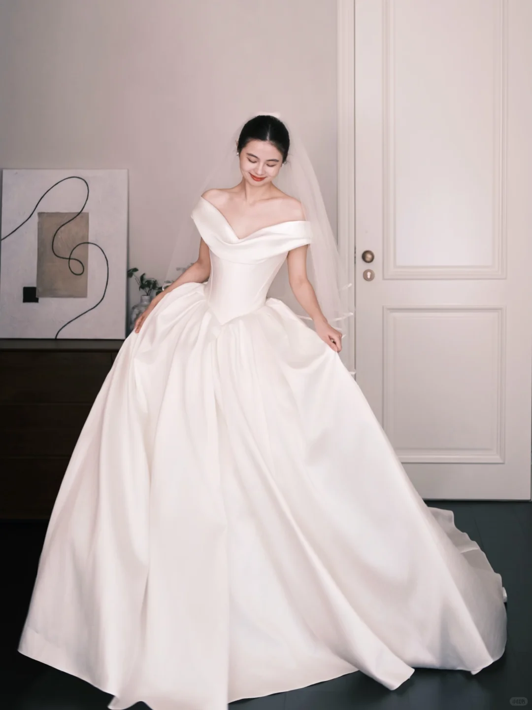 Off Shoulder Satin Ballgown Wedding Dress, Classic Simple Bridal Gown  NV7335