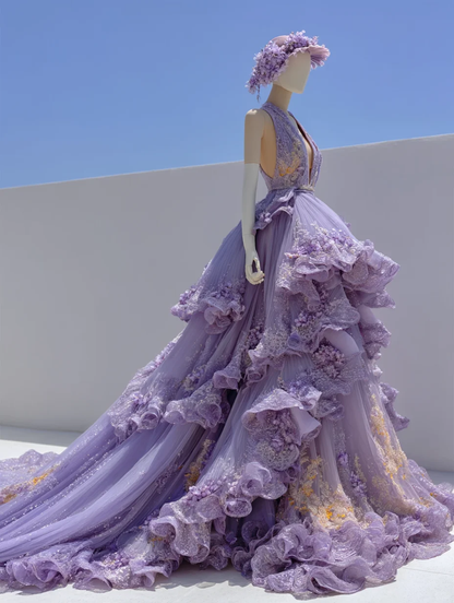Lavender Purple Halter Fairy A-Line Gown with Cascading Ruffle & 3D Florals  NV7507