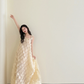 Champagne Square Neck 3D Floral Tulle Dress Pearl Evening Gown  NV7131