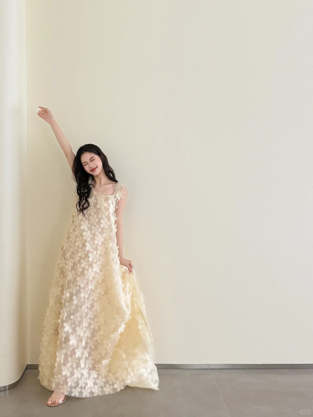 Champagne Square Neck 3D Floral Tulle Dress Pearl Evening Gown  NV7131