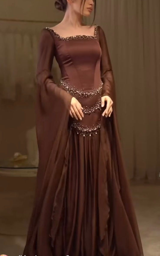 NiceVestidos--Luxurious Dark Brown Satin Chiffon Spliced Square Neck Beaded Flared Sleeve Floor Length Gown NV5755