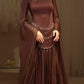Retro Luxury Style Dark Brown Satin Beaded Square-Neck Long-Sleeve Gown - Elegant Dress for Dinner & Red Carpet NV6381