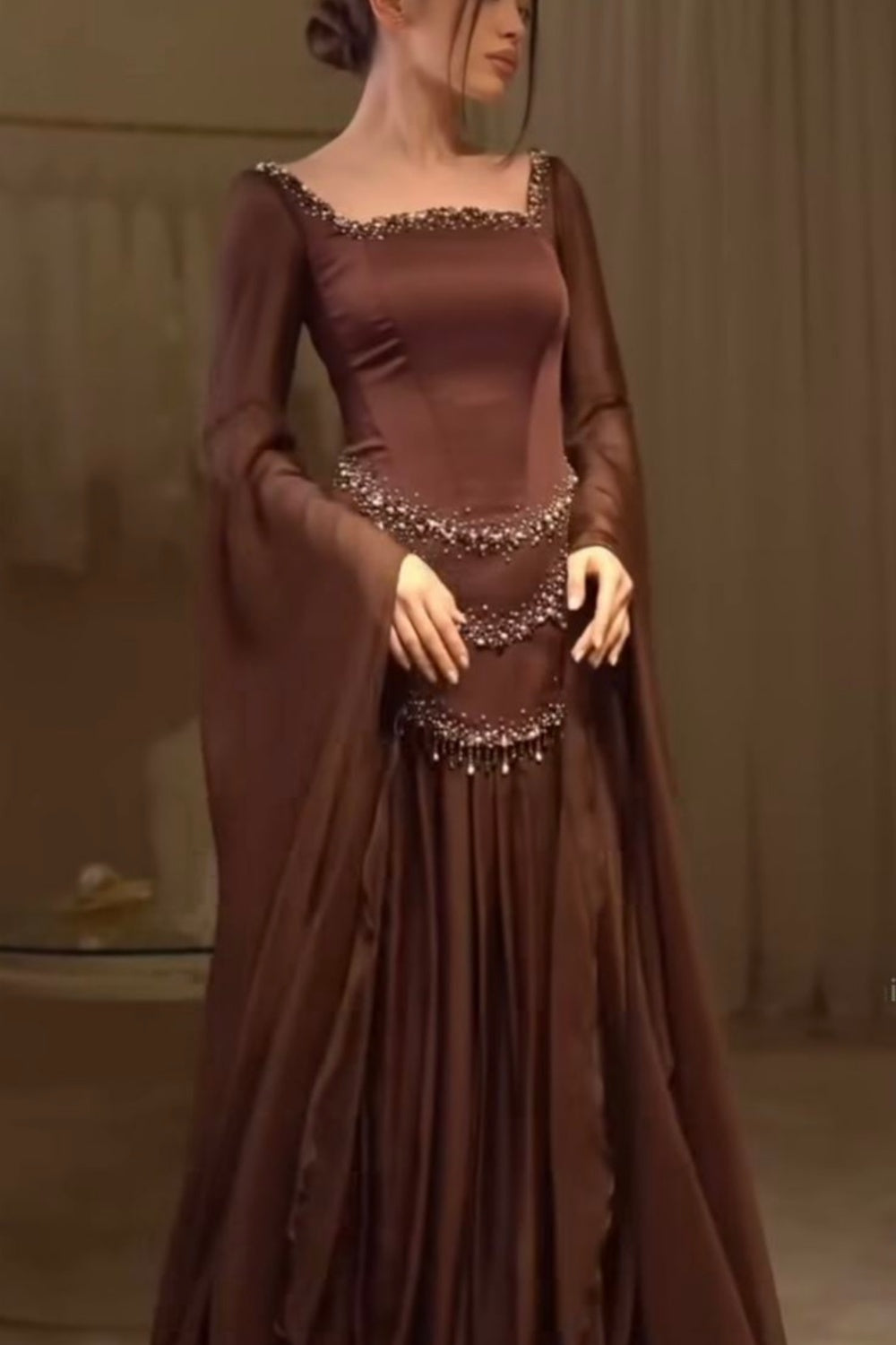 Retro Luxury Style Dark Brown Satin Beaded Square-Neck Long-Sleeve Gown - Elegant Dress for Dinner & Red Carpet NV6381