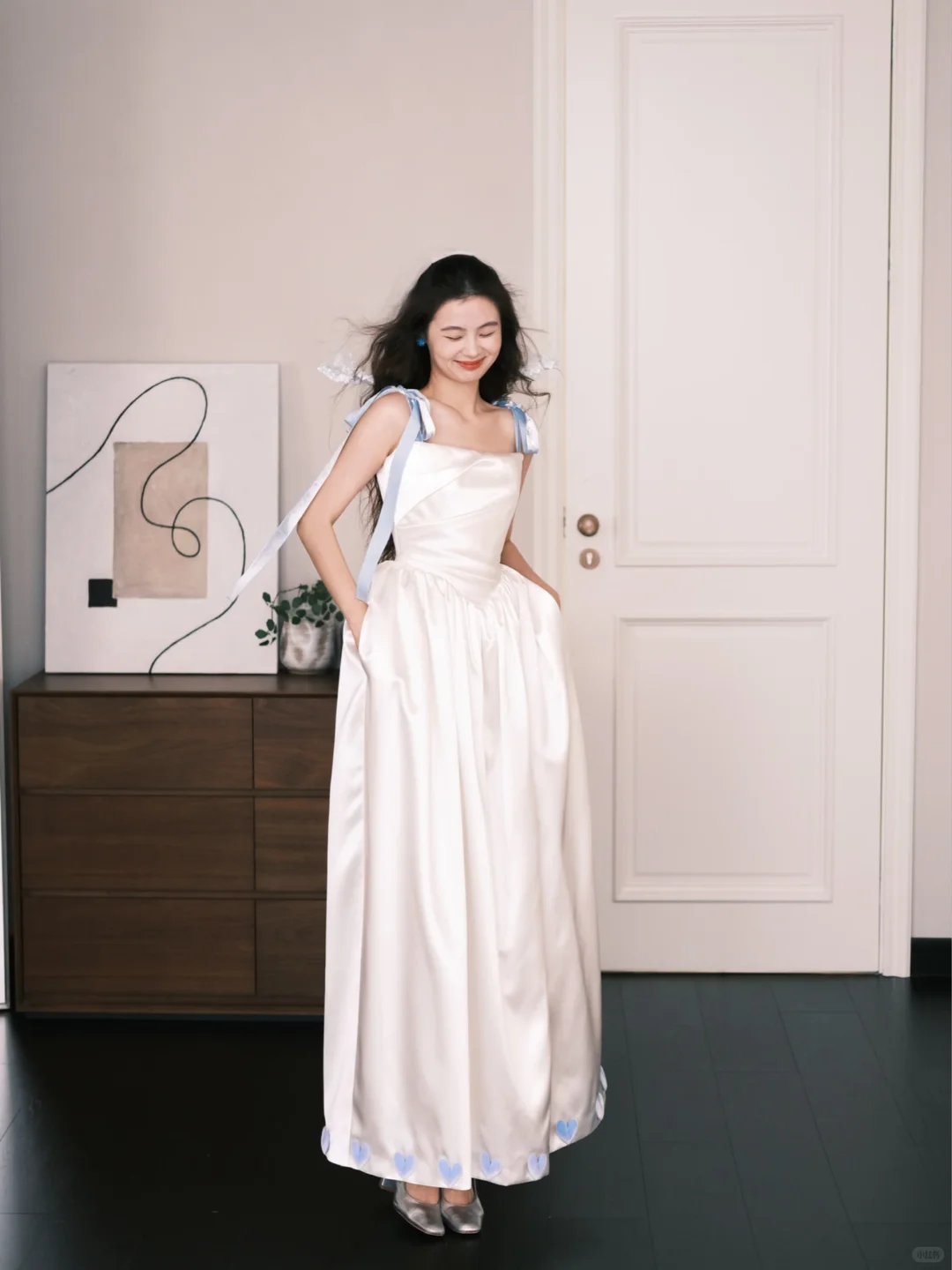 Square Neck Satin Midi Bridal Gown Bow Strap 3D Heart Wedding Dress  NV7200