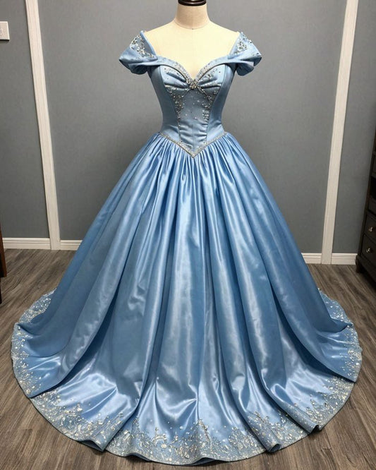 Light Blue Sequin Off-the-shoulder Ball Gown: Heart Neckline Trim, Fitted Waist, Evening Fairy Maxi Dress NV6430