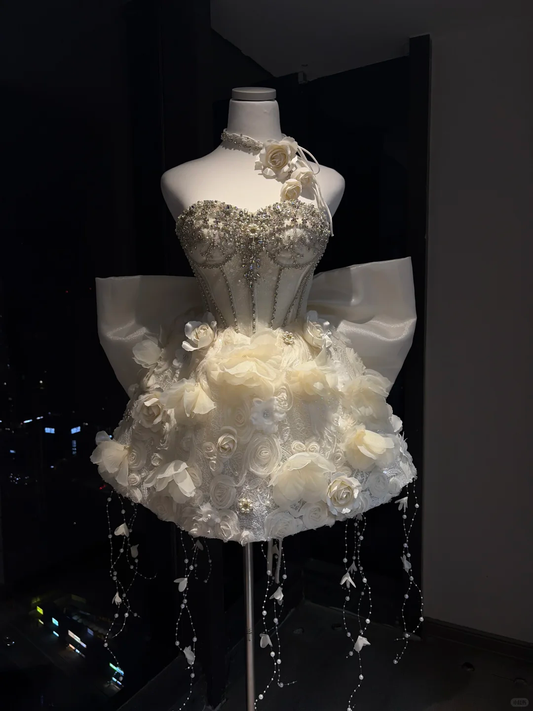 Ivory Strapless Short Corset Formal Gown 3D Floral Rhinestone Pearl Chain Homecoming Dress  NV6953