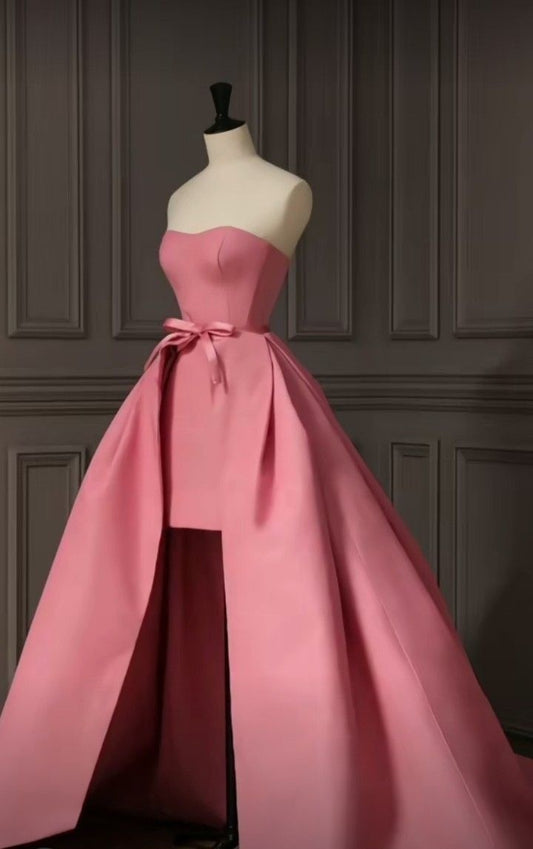 Robe de soirée longue et courte en satin à la mode et élégante avec haut tube rose nv3186